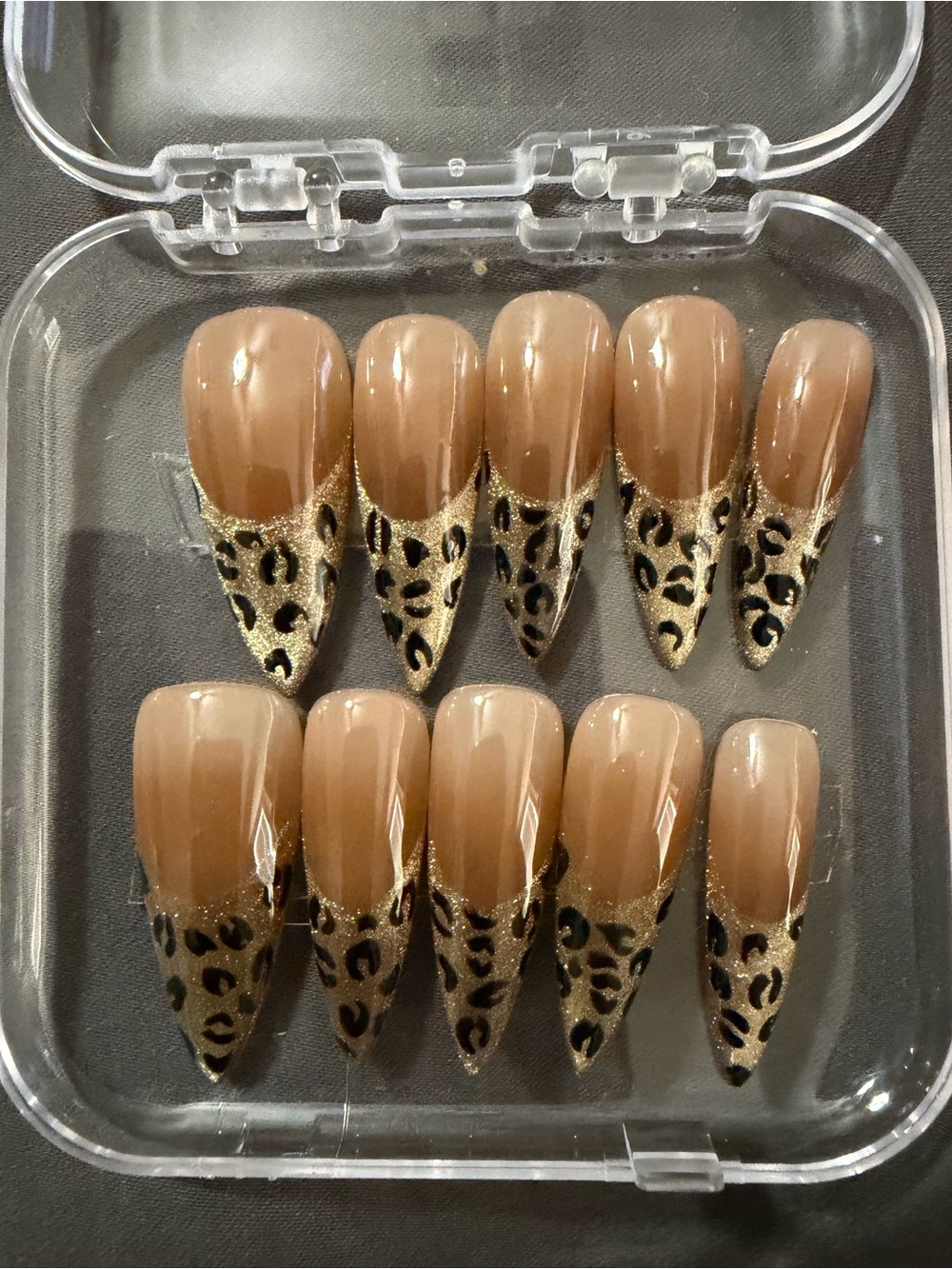 **NWT** Nude Brown Stiletto Press-On Nails with Gold Leopard Tips